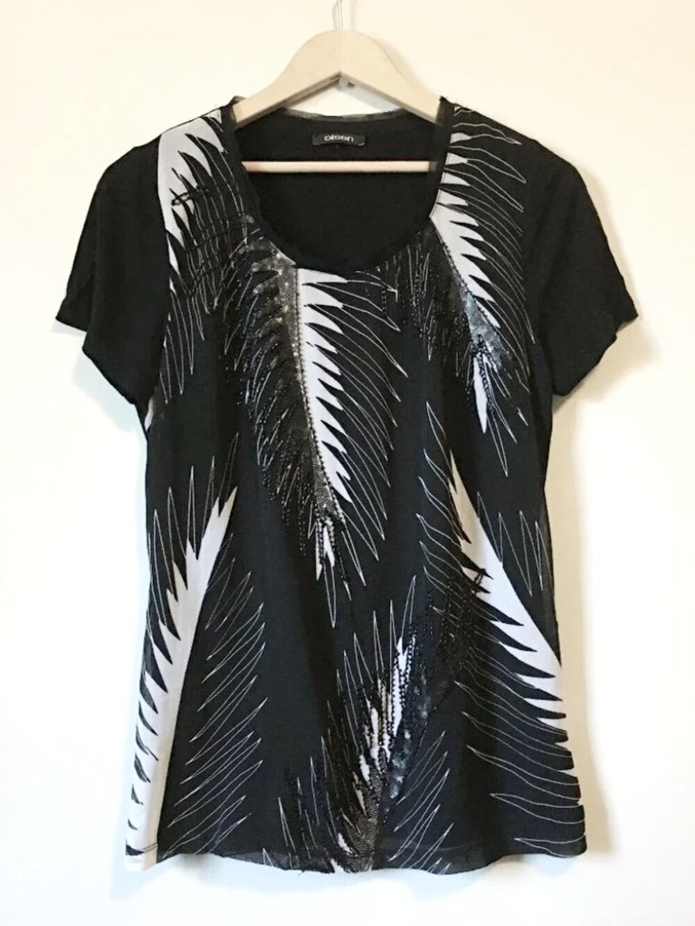 Olsen Black Viscose Beadwork & Sequin Feather Plant Print Tee - Small Eco Euro